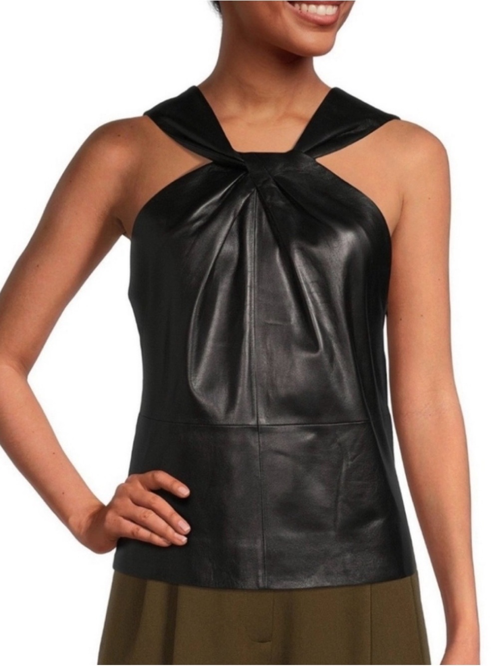 ANTONIO MELANI Black Leather Sleeveless Twist-Back Top Sise S NWT